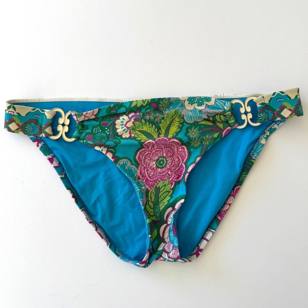BECCA Floral Bikini Bottom Size Large Gold Hardware Boho Chic